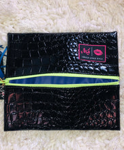 Load image into Gallery viewer, Makeup Junkie Bag Midnight Gator w/ lime green zipper