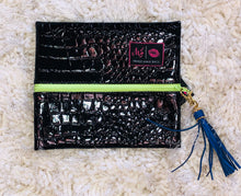 Load image into Gallery viewer, Makeup Junkie Bag Midnight Gator w/ lime green zipper