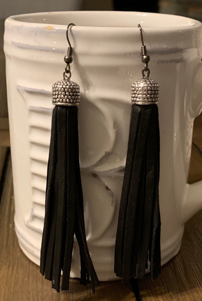 Midnight Black Leather Tassel Earrings